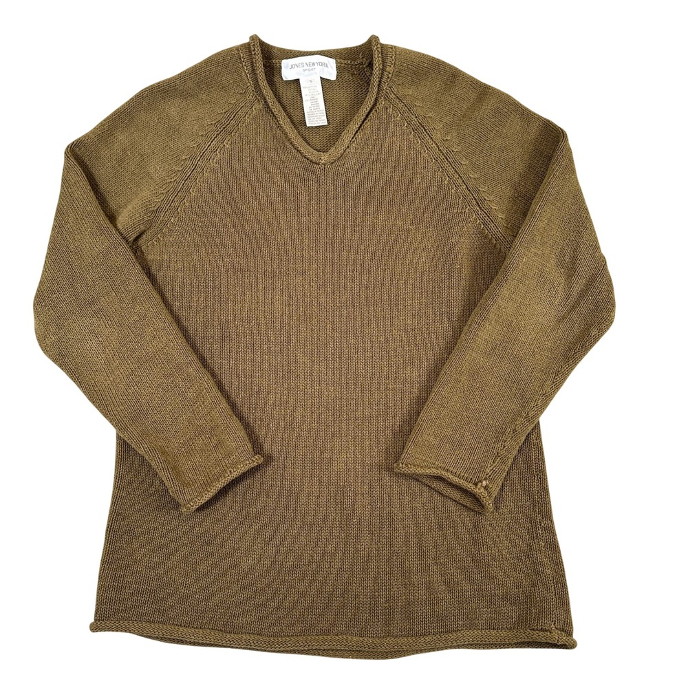 Jones New York Sport V-Neck Sweater Small Olive Brown Raglan Long Sleeve Knit